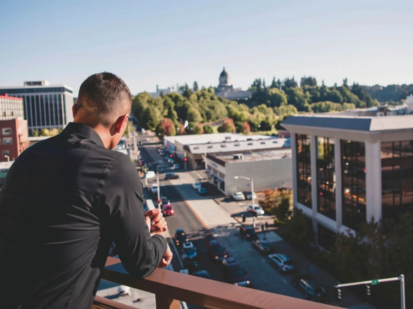 Zach Kosturos looking out over the city